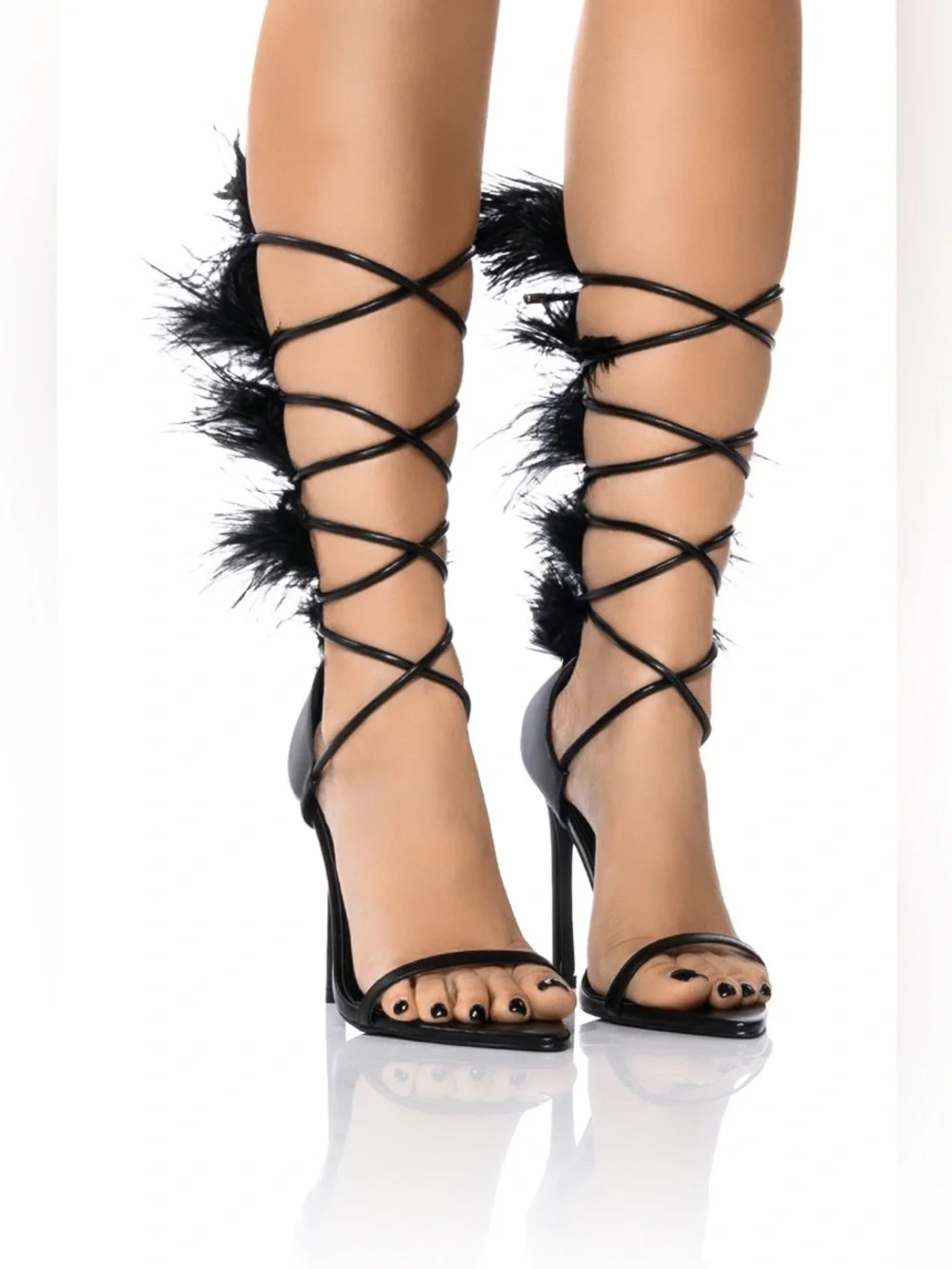 Black Feather Ankle-Tie Stiletto Sandals - Picture 2 of 6